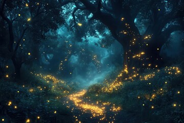 Obraz premium enchanted forest scene with fireflies and glowing particles swirling through misty air illuminating ancient trees and mystical flora in a nocturnal wonderland