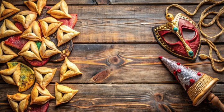 Purim celebration with traditional hamantaschen, mask, and gragger on vintage wood background