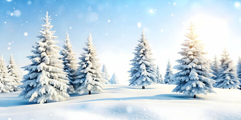 Naklejka premium 3D Soft Focus Winter Wonderland: Serene Snow-Covered Trees with Gentle Snowfall, Ideal for Holiday Messages, Isolated Icon on White Background