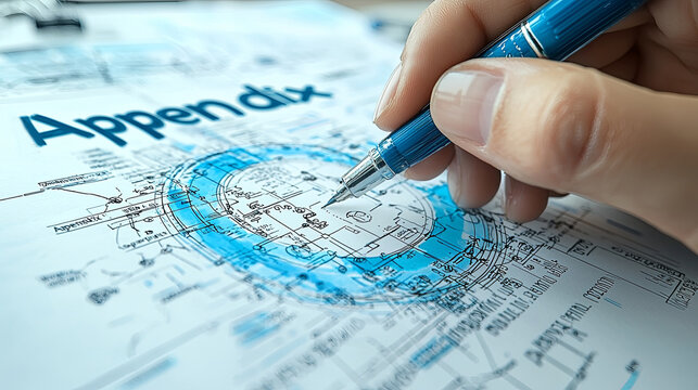 Business appendix blueprint with hand writing and pen