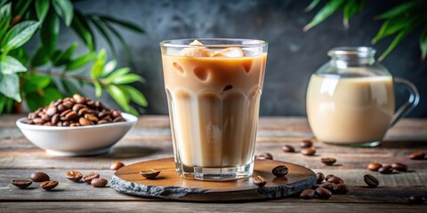 Close up view of a chilled glass of iced coffee with milk, perfect for a refreshing summer beverage. glass allows the brown liquid and milk to be clearly visible