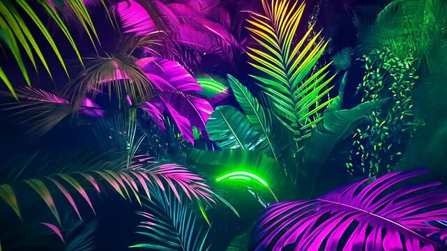 A nighttime scene with lush green and purple tropical plants illuminated by vibrant neon lights, creating a surreal and colorful jungle atmosphere. The glowing colors convey a lively and otherworldly