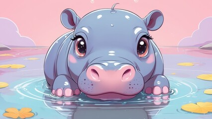 Fototapeta premium Cute Cartoon Hippo in Calm Water with Pink Background