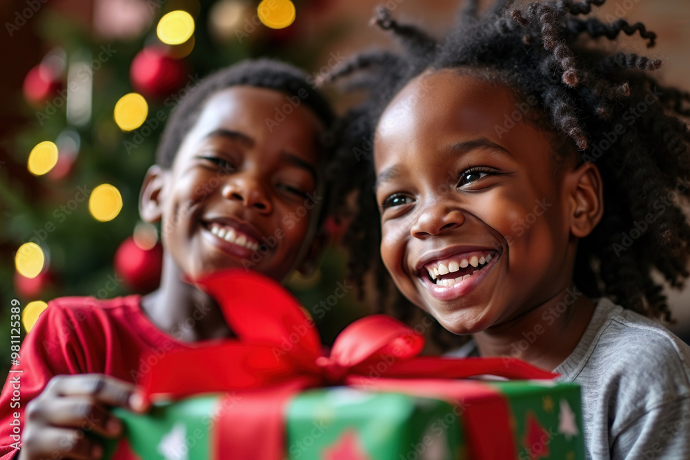 Wall mural portrait of two young african american children unwrapping a christmas gift against a christmas back