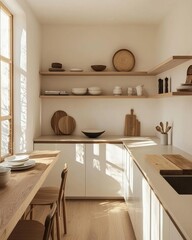A minimalist small kitchen with open shelving, a simple countertop, and a streamlined design, making the most of a limited space.