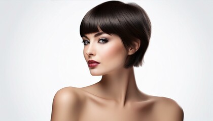studio portrait of a brunette short haired woman with nude shoulders on white background	