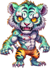Watercolor painting of a green tiger standing angry .Tiger Cartoon Monster