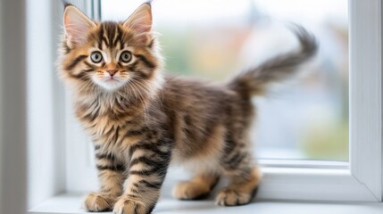 Obraz premium Majestic Maine Coon Kitten Poses on Sunlit Windowsill
