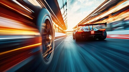 Velocity Rush: High-Speed Racing Car with Dramatic Motion Blur on Racetrack