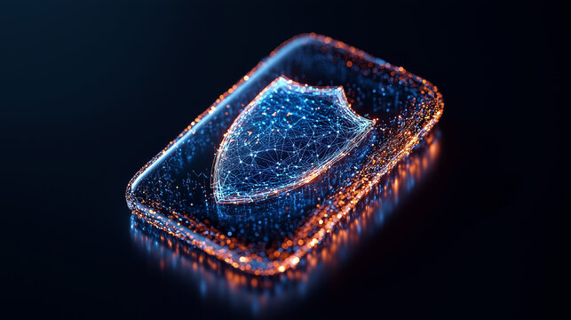 A glowing shield emblem is encapsulated in a futuristic, translucent design, representing security and digital protection.