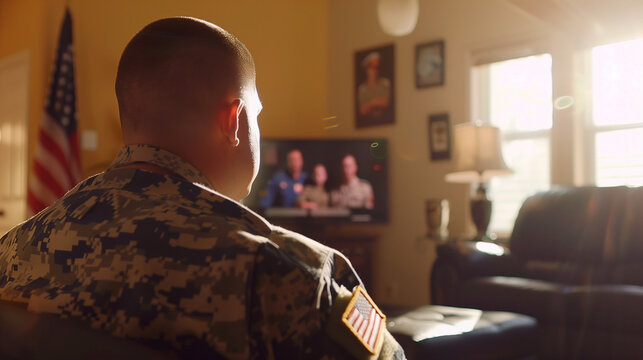 Solitary Soldier Relaxing at Home, Engaged in TV Program. A Moment of Leisure in a Military Uniform.