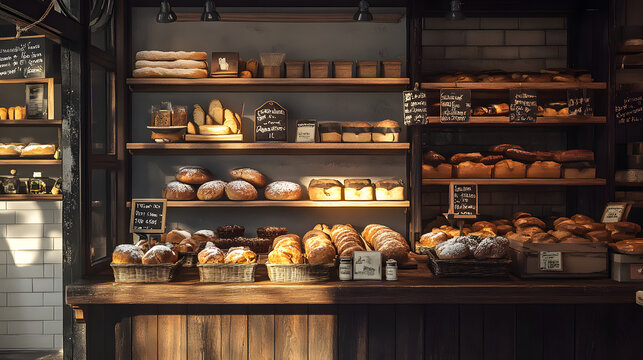 Quaint Bakery with Freshly Baked Bread and Pastries on Display