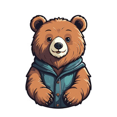 Cute brown bear in turquoise dress, cartoon character on white