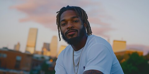 A young Black man with dreadlocks sits on a bike against a city skyline during sunset, featuring soft violet and white lighting