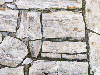 The surface features irregularly shaped stones with visible cracks and patches of moss, set in a natural outdoor environment