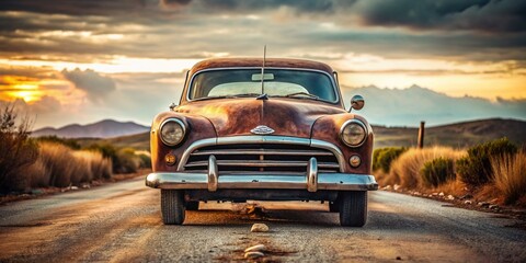 Vintage car parked on a deserted road, rusty and worn, with faded paint and old-fashioned headlights, evoking a