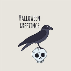 Card or poster with cute Halloween witchy crow sitting on top of skull. Greeting text Halloween Greetings