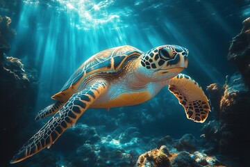 Obraz premium ethereal sea turtle with glowing bioluminescent patterns swimming through mystical underwater cavern shimmering light rays