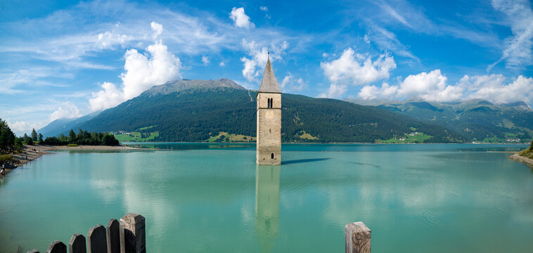 View of Lake Resia where you can admire the famous bell tower of