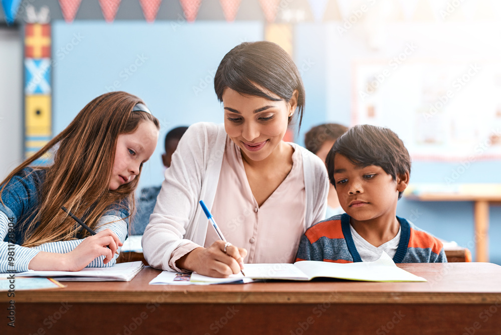 Poster teacher, students and help writing in classroom of learning, study quiz and drawing assessment. chil