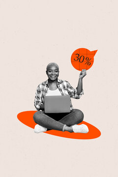 Image composite trend 3D collage of black friday buy brand shopper offer banner percent young woman student work laptop hold banner sale