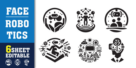 Face robotics Artificial intelligence icon collection. machine learning, data science, AI, virtual assistant, generative AI, technology. Line vector icons set.