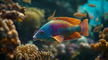 A parrotfish grazing on coral, its vibrant colors and sharp beak in focus as small bits of coral float around. The surrounding marine life adds richness to the scene  