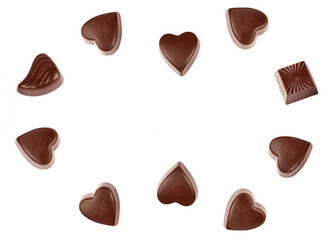 Chocolate candies isolated on white. Collage. Free space for text.