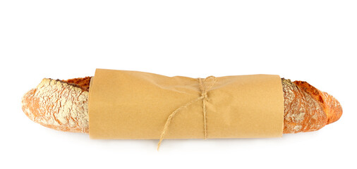 Baguette in a paper bag isolated on a white. Wide photo.