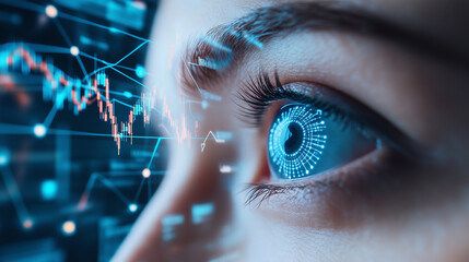 A close-up of a human eye with digital data and graphs overlaying, symbolizing vision, technology, and data analysis.