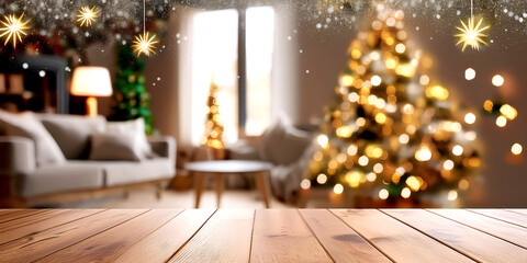 Holztisch im Vordergrund, im Hintergrund weihnachtlich geschmücktes Wohnzimmer 