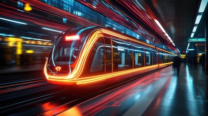 Fototapeta premium Glowing Futuristic Train Station with Neon Accents and Sleek Design, Illuminated by Colorful Light Trails