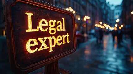 Illuminated legal expert sign in vibrant city street