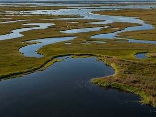 Aerial view of a lush salt marsh with winding tidal streams.