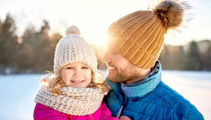 Obraz premium Tochter auf Papas Arm im Winter 