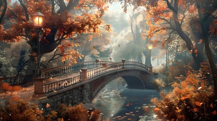 Autumnal Bridge Scenic Forest Landscape