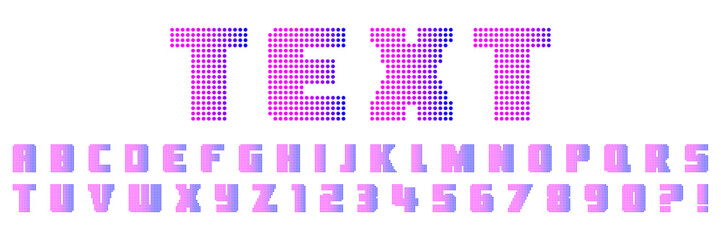 Fototapeta premium Bold trendy dotted alphabet. Vintage symbols, letters and numbers made in the form of scattered dots with a smooth gradient in neon colors.