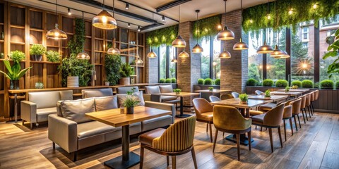 Fototapeta premium Modern and stylish restaurant cafe interior design with cozy seating and ambient lighting