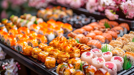 delicious seafood gourmet Sushi rice rolls with variety of fish salmon shrimp wasabi tuna ginger, perfect for events like Hanami or Obon festival season. presentation evokes sense of celebration joy