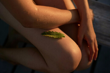 Close-up of a person's wet skin with a green leaf on the knee, illuminated by warm sunlight.