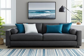 Contemporary living room featuring a charcoal grey couch with bright turquoise throw pillows, minimalist wall art, and an open, airy design