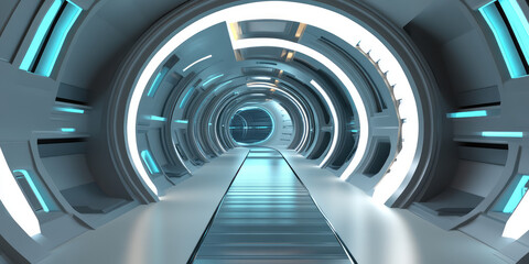 Fototapeta premium Abstract Spaceship corridor and Futuristic tunnel background. Sci-fi science design. 3d render illustration style.