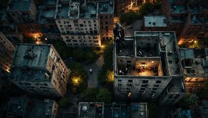Aerial view of urban explorers in fantasy attire.