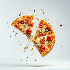 Delicious pizza slices floating in mid air, showcasing vibrant toppings like pepperoni, olives, and fresh herbs, captured in high speed photography. dynamic explosion of ingredients creates an excitin