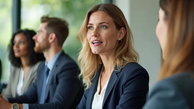 A diverse group of professionals engage in a lively discussion in a contemporary office setting. The atmosphere is collaborative, highlighting teamwork.