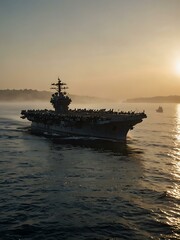 Aircraft carrier sailing through misty waters at sunrise.