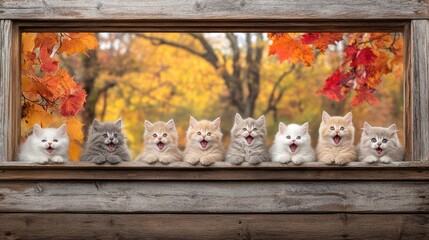 Several joyful kittens with fluffy fur lounge on a rustic wooden window sill, their mouths open in delight as they soak in the colorful autumn scenery