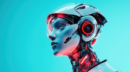 Close-up of a robotic head with glowing red details