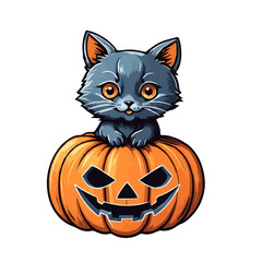 Bright juicy orange pumpkin with Halloween face with gray kitten isolated on white background