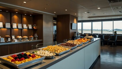 Airport lounge with a buffet area offering gourmet snacks and drinks.